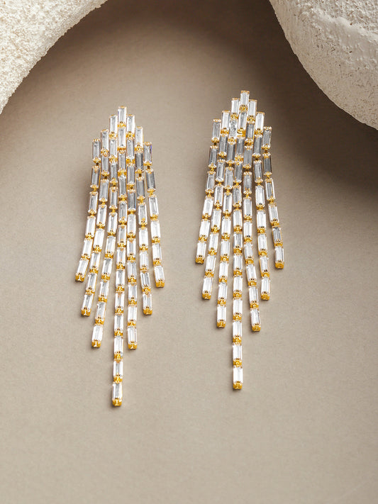 【Rubans】 Gold Toned Crystal Drops Dangler Earrings|ゴールドトーン クリスタル バゲット タッセル ダングラーイヤリング