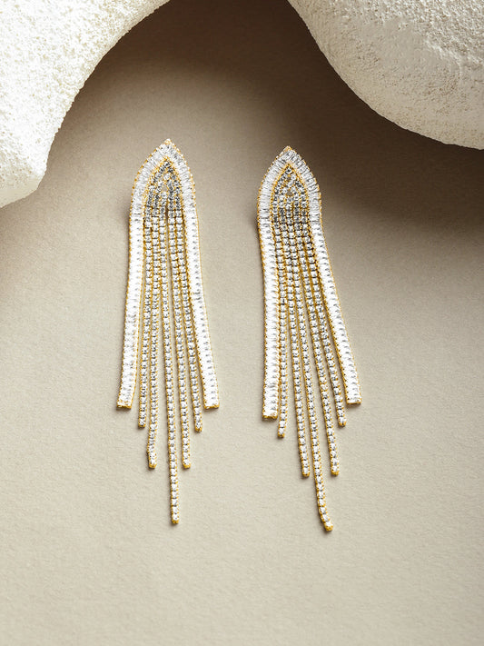 Gold Toned Crystal Studded Tassel Dangler Earrings フリーサイズ