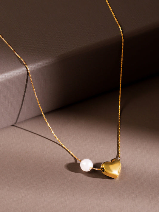 Tender Heart & Pearl Charm Necklace Chain Gold