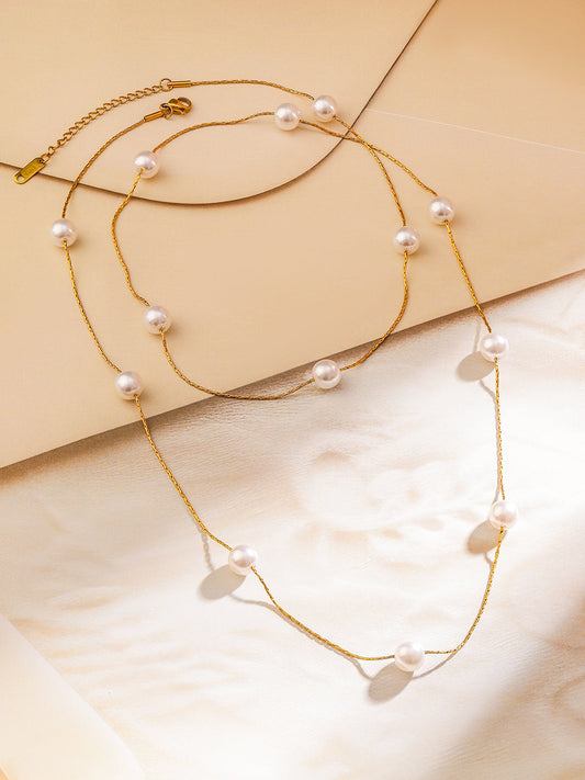 Pearl beaded Dual-Layered Necklace Gold