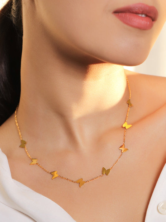 Gold Layered Necklace With Butterfly Accent フリーサイズ