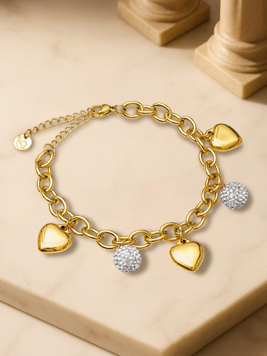 Gold Bracelet With Crystal & Heart Charms フリーサイズ