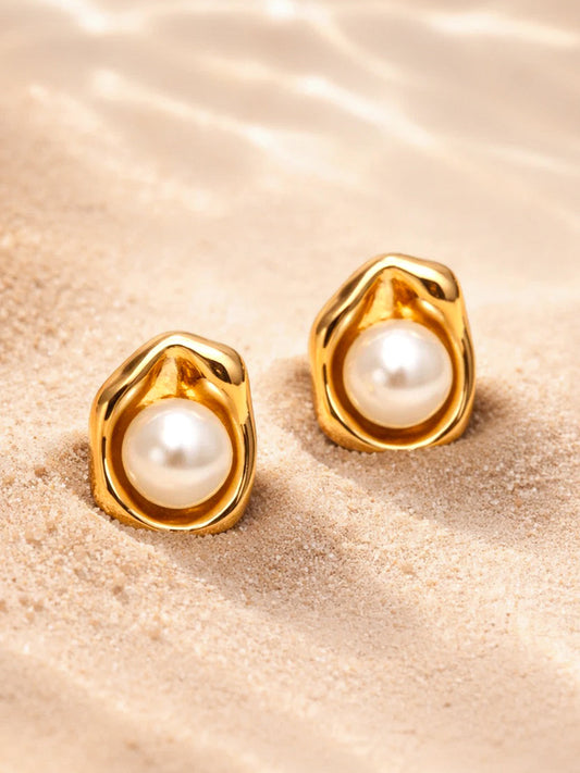 Demi Fine 18K Gold Plated Stainless steel Pearl Centered Stud Earrings Length - 1.2 cm