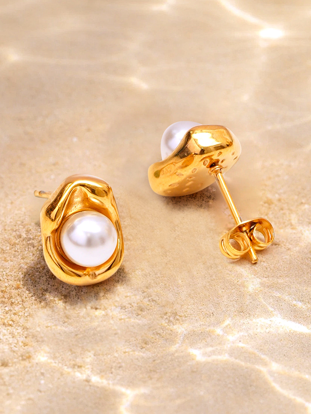 Demi Fine 18K Gold Plated Stainless steel Pearl Centered Stud Earrings Length - 1.2 cm