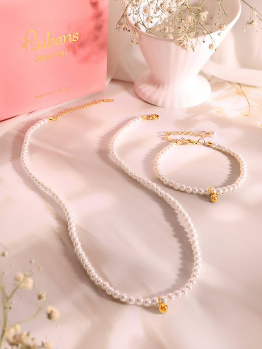 Demi Fine 18K Gold Plated Stainless Steel Pearl Beaded Chain & Bracelet Set フリーサイズ