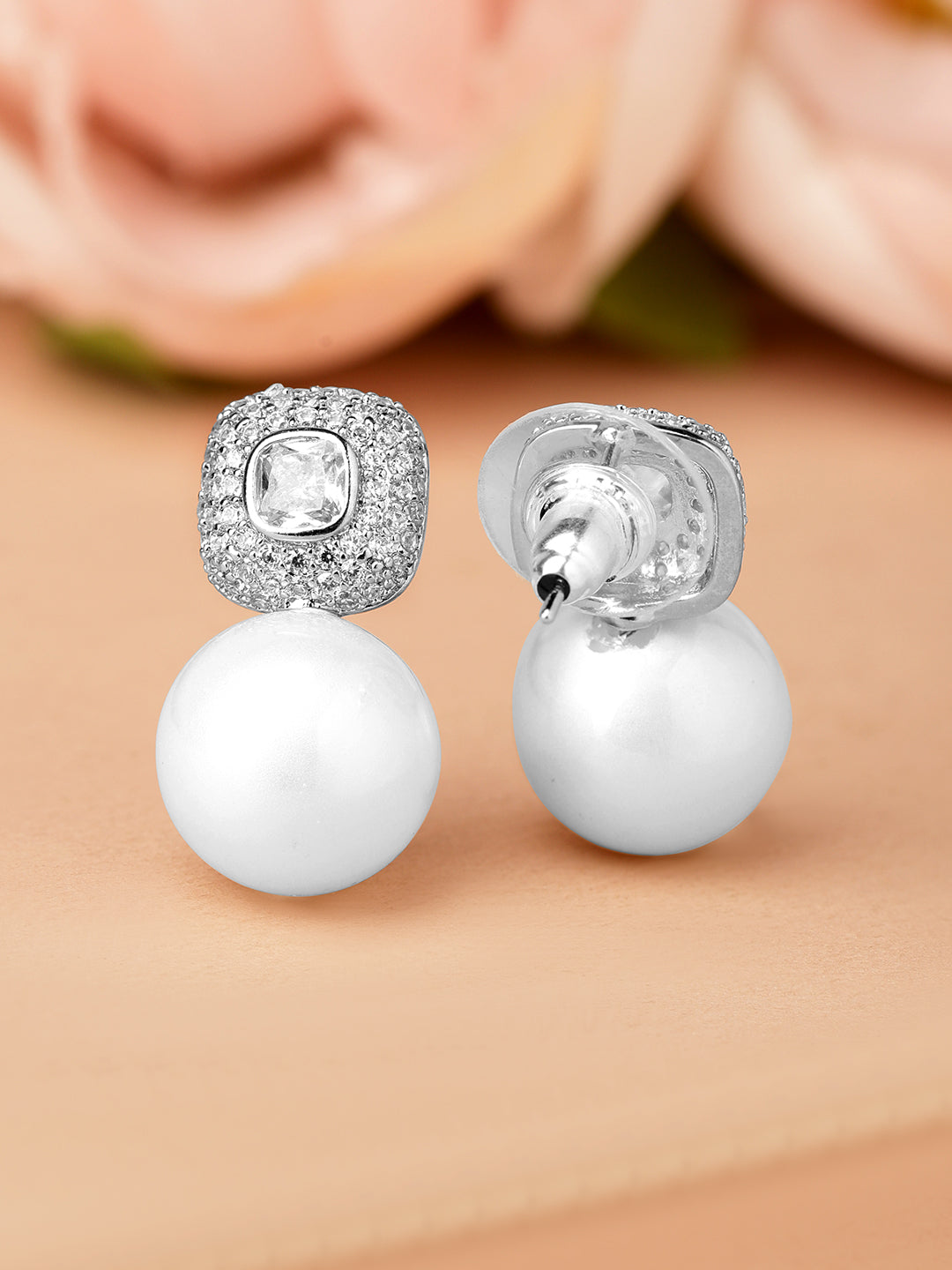 【Rubans】 Rhodium Plated Pearl Drop American Diamond Zirconia Earrings|ロジウムメッキ パールドロップ アメリカンダイヤモンド イヤリング