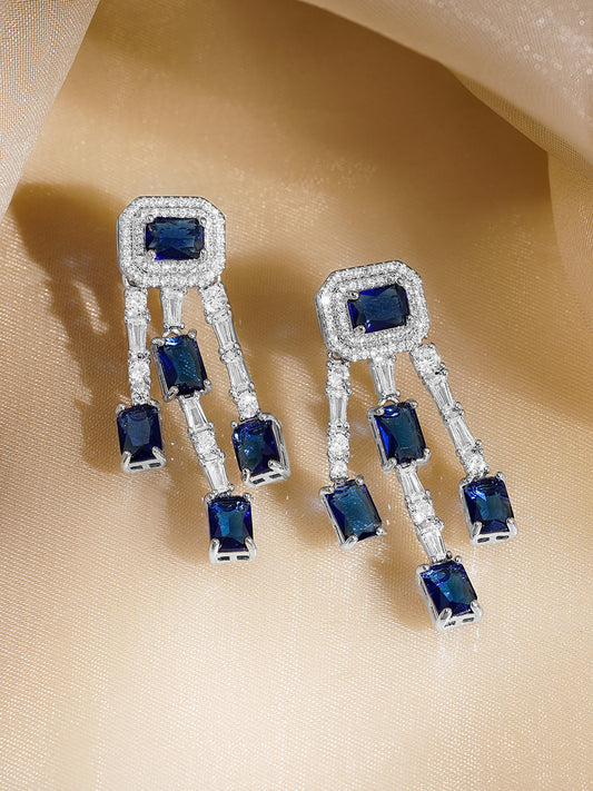 Rubans Rhodium Plated Blue & White Crystal AD Studded Statement Drop Earrings フリーサイズ
