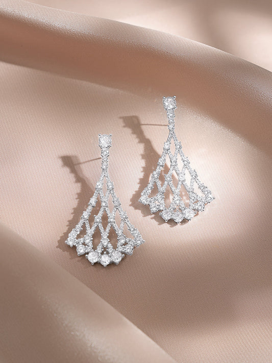 Rubans Rhodium-Plated Lattice Fan Design Cubic Zirconia Dangler Earrings フリーサイズ