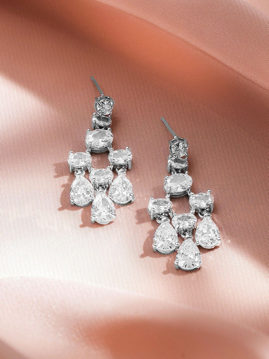 Rubans Rhodium-Plated White Crystal AD Studded Statement Dangler Earrings フリーサイズ