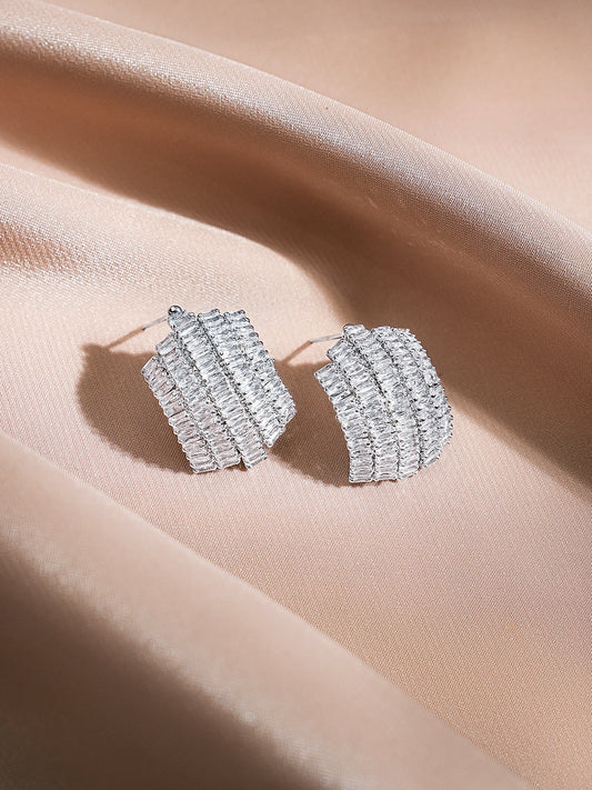 Rubans Rhodium-Plated Baguette AD Embellished Curved Statement Stud Earrings フリーサイズ