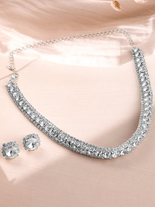 American Diamond Zirconia Crystal Studded Necklace Set Silver