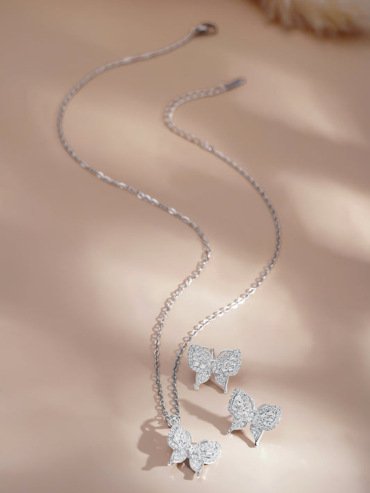 Silver American Diamond Zirconia Butterfly Pendant Necklace Set フリーサイズ