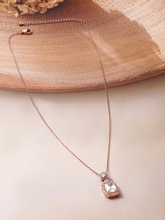 Voguish Rhodium Plated Sparkling AD & Cubic Zirconia Studded Rectangle Pendant Necklace Gold