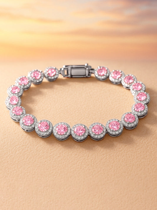 Rubans Rhodium Plated Sparkling pink round-cut Cubic Zirconia Studded Premium Tennis Bracelet Silver