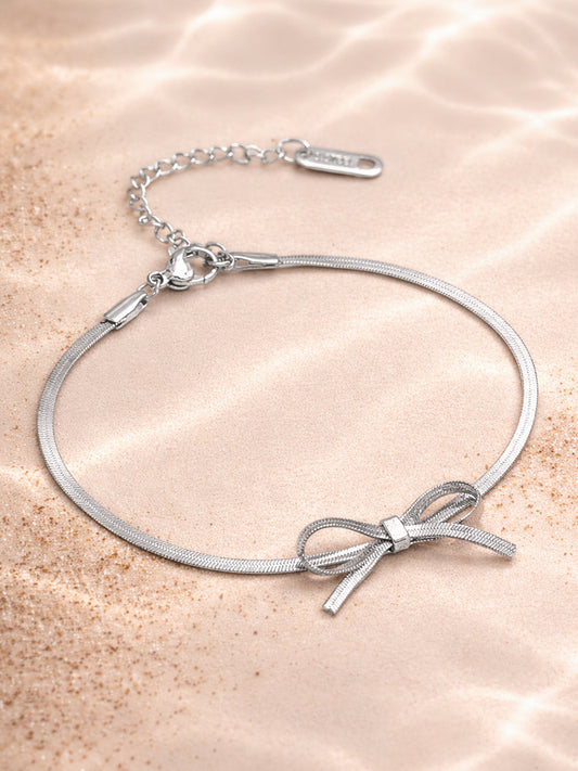 Demi Fine Rhodium Plated Stainless steel Bow Knot Snake Chain Bracelet Length - 16 cm