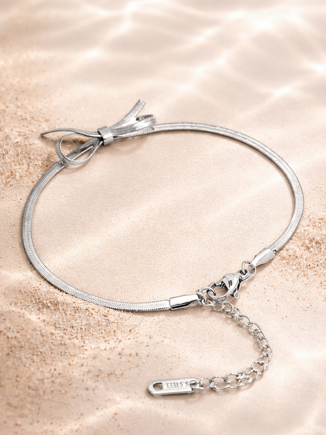 Demi Fine Rhodium Plated Stainless steel Bow Knot Snake Chain Bracelet Length - 16 cm