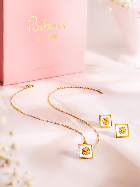 Demi Fine 18K Gold Plated Stainless Steel Enamel Rose Necklace Set Necklace Length - 44.5 cm