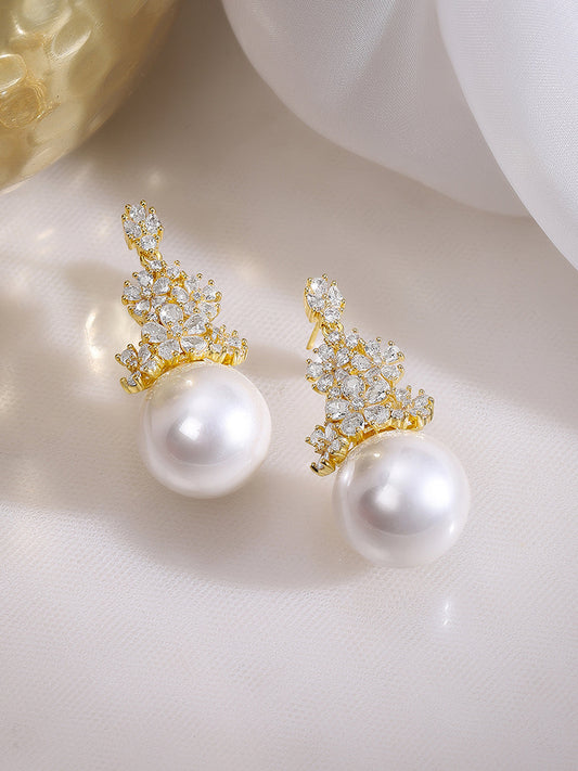 【Rubans】 Gold Plated Floral Crystal Pearl Drop Earrings|ゴールドメッキ フローラル クリスタル パールドロップ イヤリング