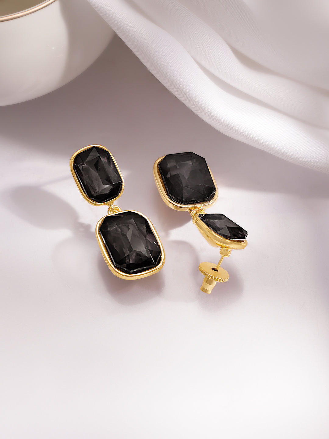 【Rubans】 Gold Plated Geometric Crystal Black onyx Drop Earrings|ゴールドメッキ ジオメトリック クリスタル ブラックオニキス ドロップイヤリング