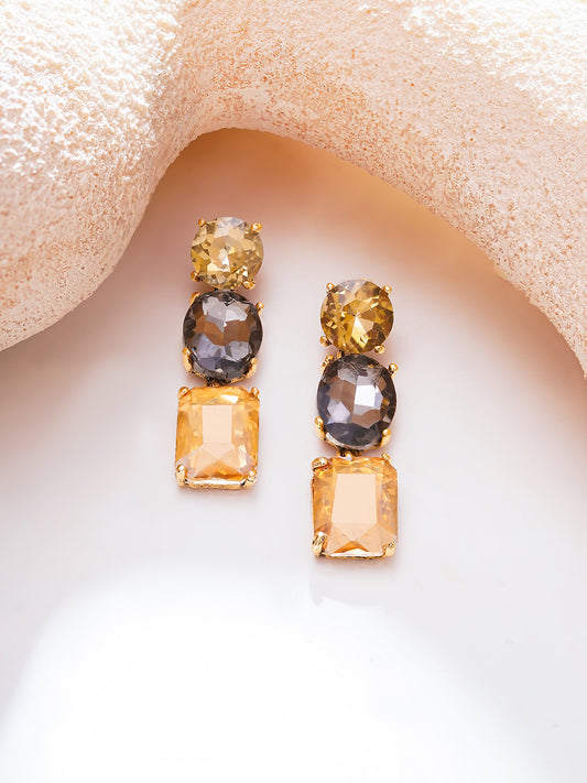 【Rubans】Gold Plated Champagne Smoke Triple Crystal Drop Earrings|ゴールドメッキ シャンパンスモーク トリプル クリスタル ドロップピアス