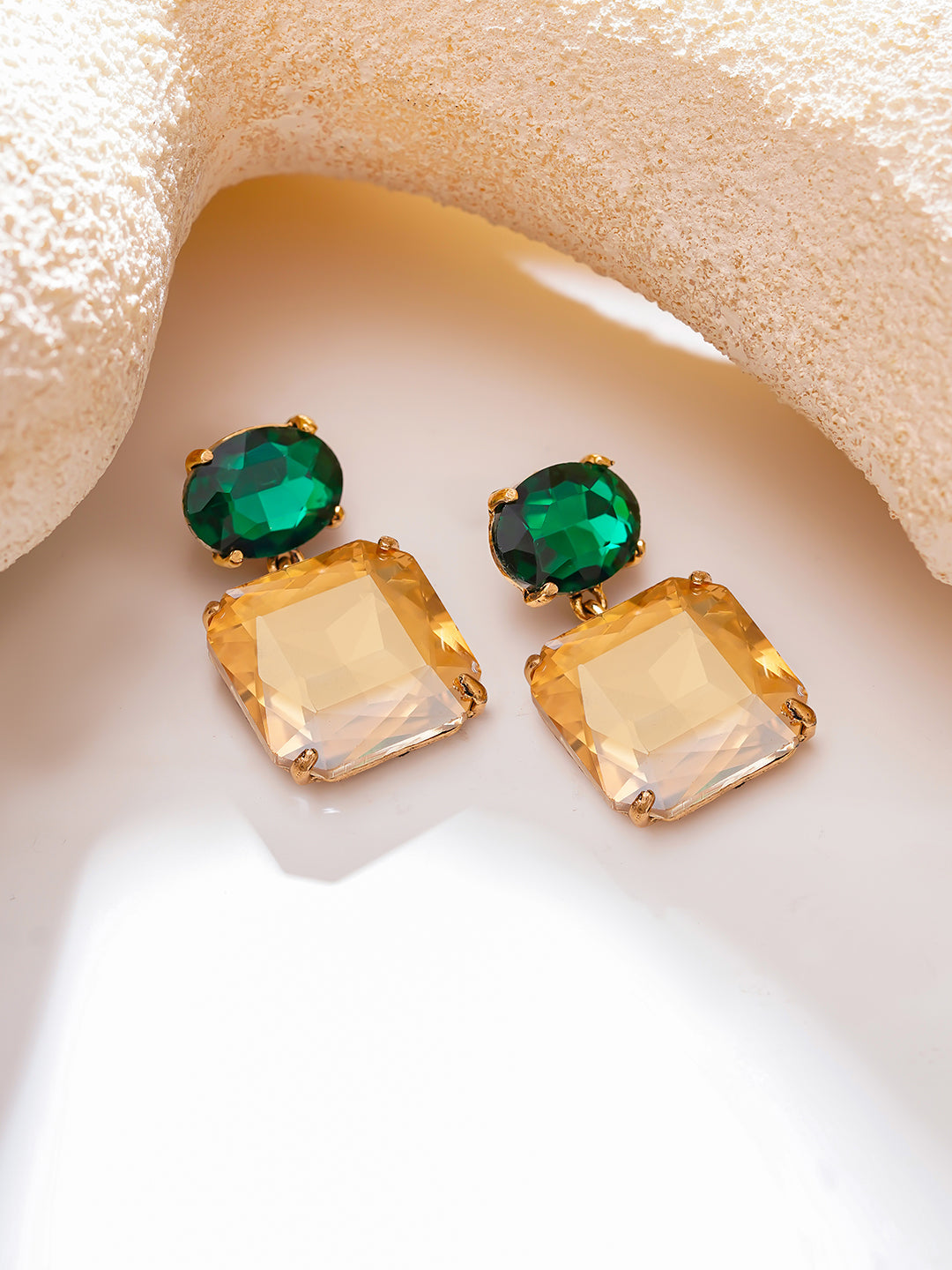 【Rubans】Gold Plated Emerald Sunrise Antique Champagne Crystal Drop Earrings|ゴールドメッキ エメラルドサンライズ アンティーク シャンパンクリスタル ドロップピアス