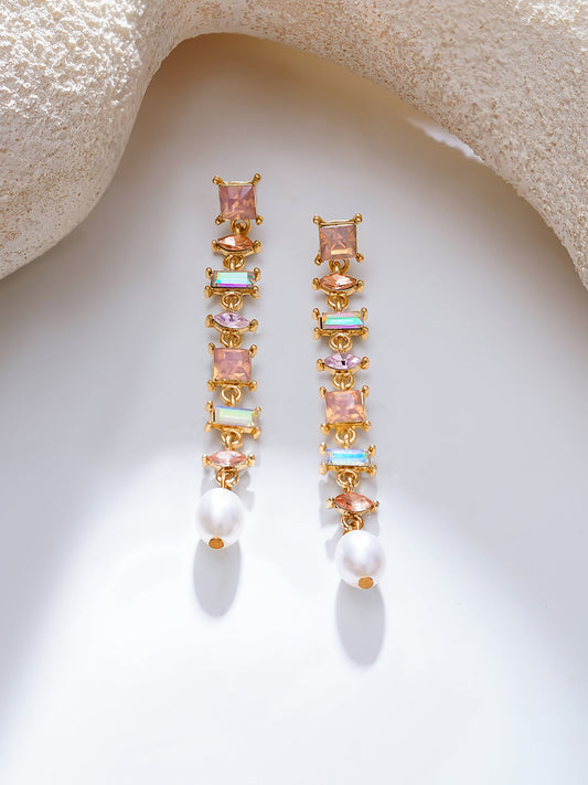 【Rubans】Gold Plated Pearl Whisper Crystal Linear Earrings|ゴールドメッキ パールウィスパー クリスタル リニアピアス