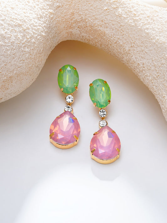 【Rubans】Gold Plated Mint Pink Crystal Drop Earrings|ゴールドメッキ ミント ピンク クリスタル ドロップピアス