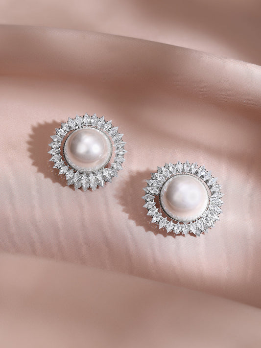 【Rubans】 Rhodium Plated Sunburst Radiance Pearl Stud Earrings|ロジウムメッキ サンバースト パール スタッドイヤリング