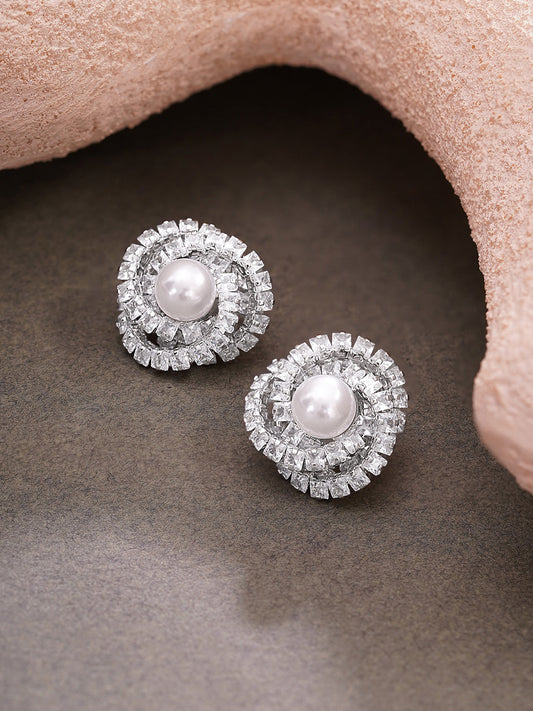 【Rubans】 Rhodium Plated Pearl Halo Spiral Stud Earrings|ロジウムメッキ パールヘイロー スパイラル スタッドイヤリング