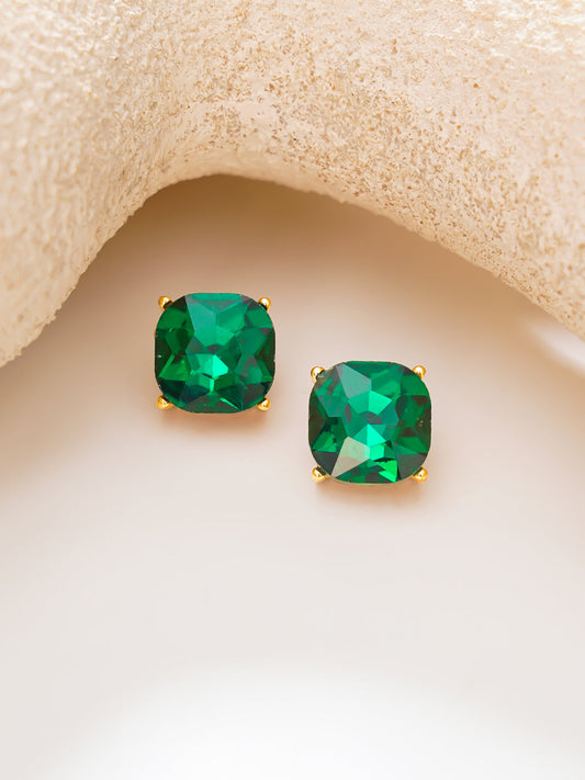 【Rubans】Gold Plated emerald green cushion-cut stud earrings|ゴールドメッキ エメラルドグリーン クッションカット スタッドピアス