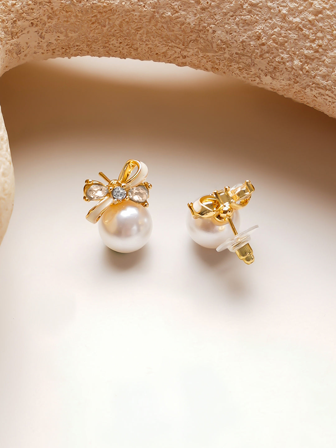 【Rubans】Gold-Plated Bow Pearl Stud Earrings|ゴールドメッキ リボン パール スタッドピアス
