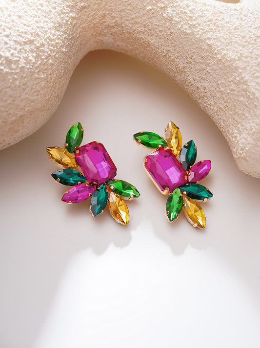 【Rubans】Gold Plated Fuchsia Emerald Crystal Cluster Studs Earrings|ゴールドメッキ フューシャ エメラルド クリスタル クラスター スタッドピアス