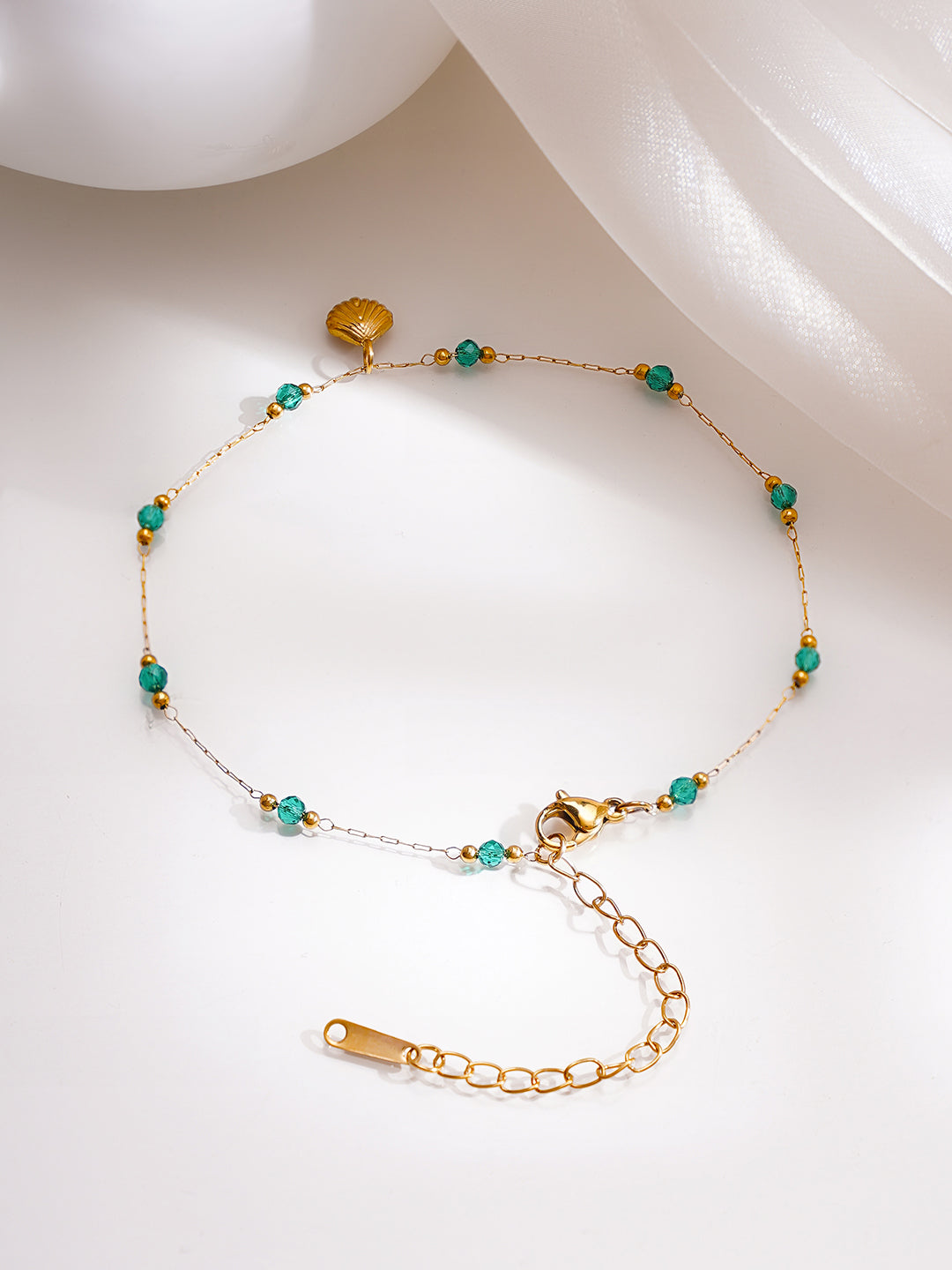 Demi Fine 18K Gold Plated Stainless steel Green Beaded Shell Charm Anklet フリーサイズ