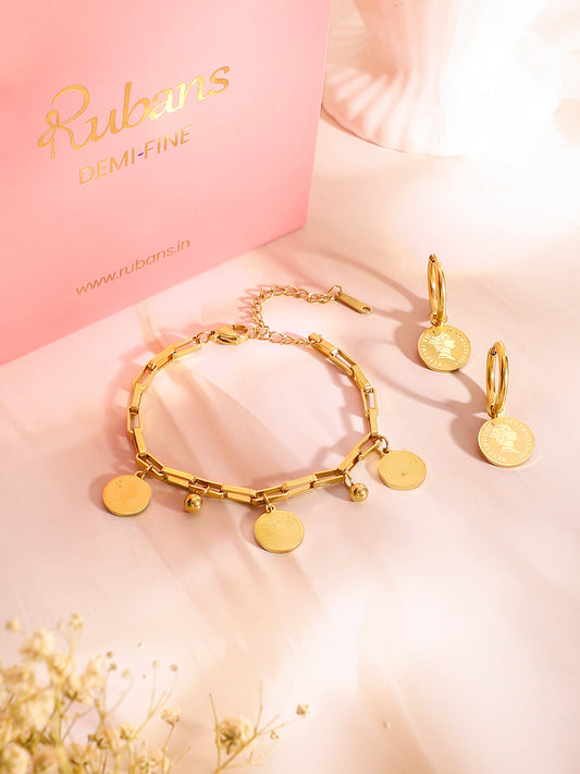 Demi Fine 18K Gold Plated Stainless Steel Coin Charm Bracelet & Drop Earrings Bracelet Length - 19 cm