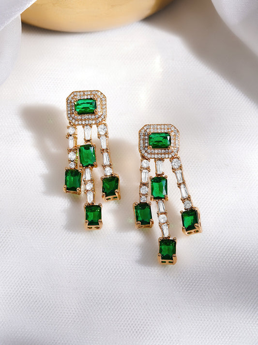 Rubans 18K Gold Plated Emerald Green & White Crystal AD Studded Statement Drop Earrings フリーサイズ