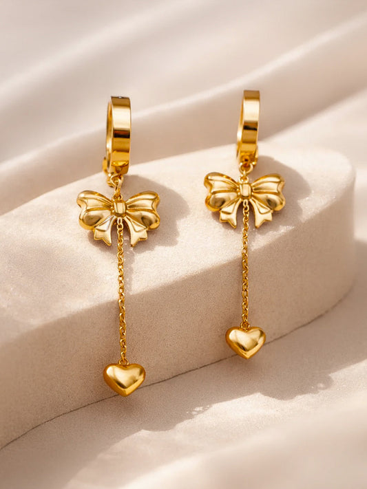 Demi Fine 18K Gold Plated Stainless steel Bow Chain Heart Drop Dangler Earrings Length - 5 cm