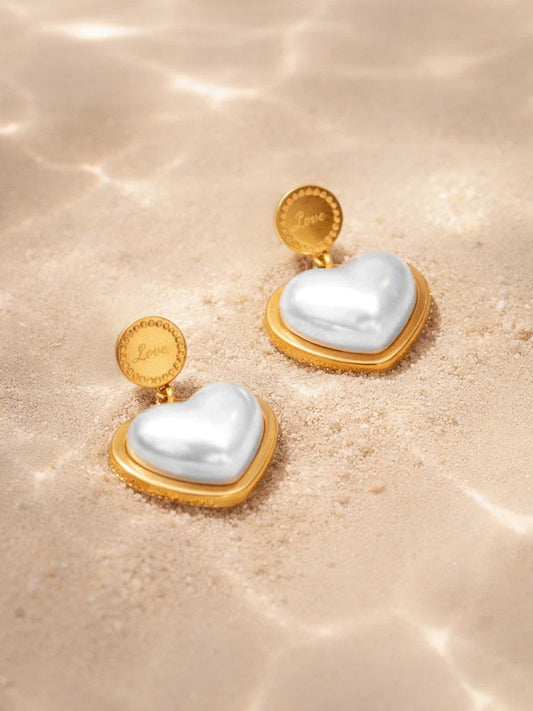 Demi Fine 18K Gold Plated Stainless steel Heart Pearl Inlay Drop Earrings Length - 2.4 cm