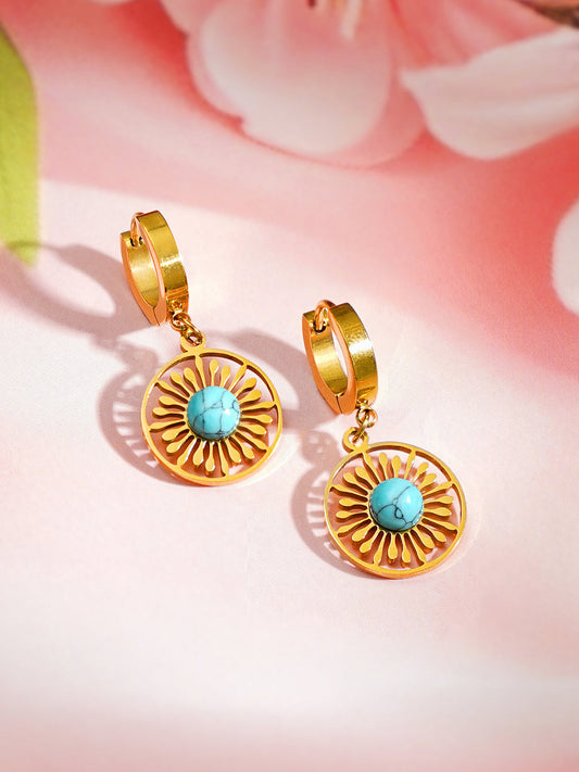 Demi Fine 18K Gold Plated Stainless steel Turquoise Charm Hoop Drop Earrings Length - 3.4 cm