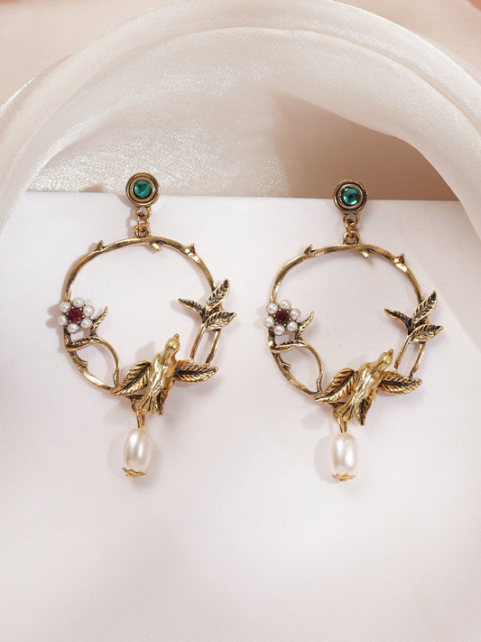 【Rubans】Gold Plated Bird Motif Floral Pearl Dangler Earrings|ゴールドメッキ バード フローラル パール ダングラーピアス