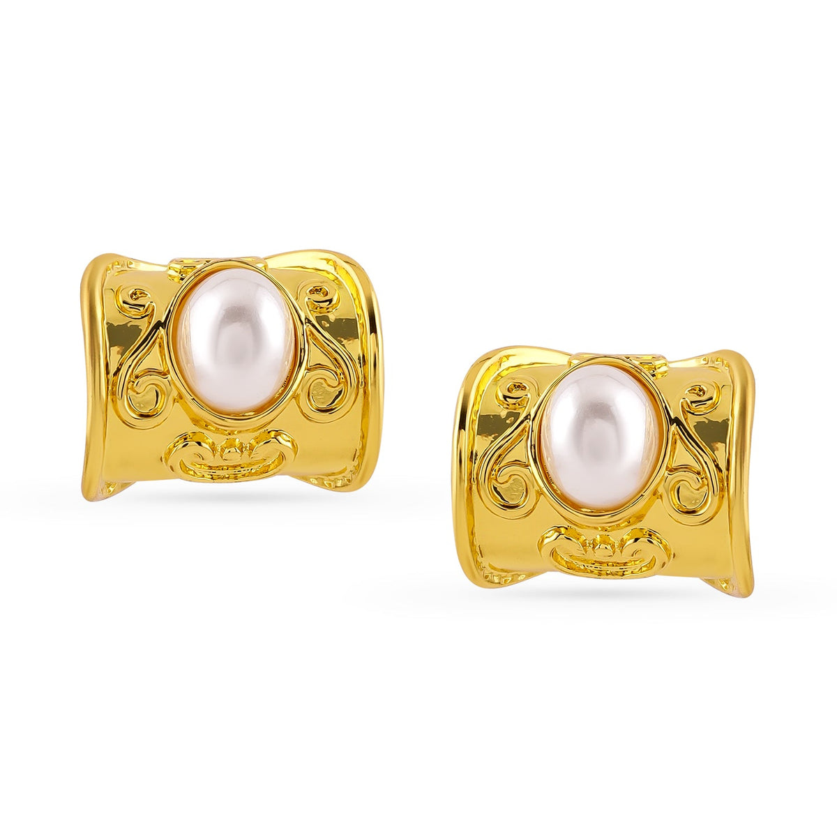 Gold Toned Pearl Studded Huggie Earrings Gold