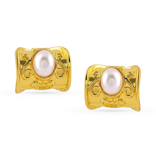 Gold Toned Pearl Studded Huggie Earrings Gold
