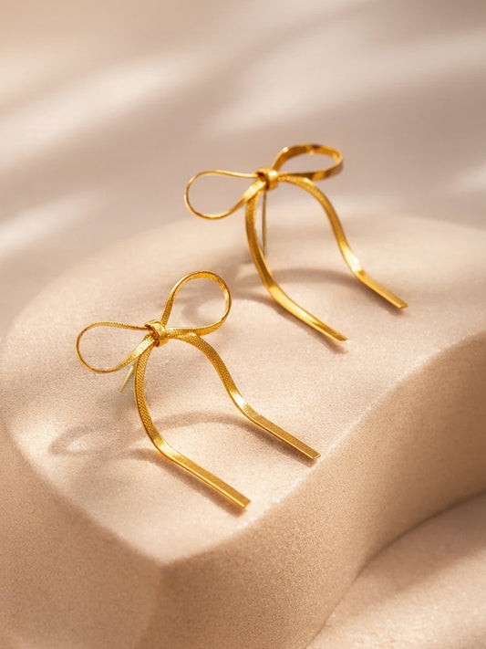 Demi Fine 18K Gold Plated Stainless steel Ribbon Stud Earrings Length - 3.5 cm