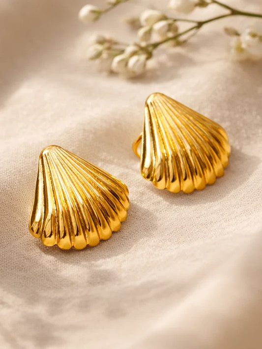 Demi Fine 18K Gold Plated Stainless steel Textured Shell Stud Earrings Length - 1.7 cm