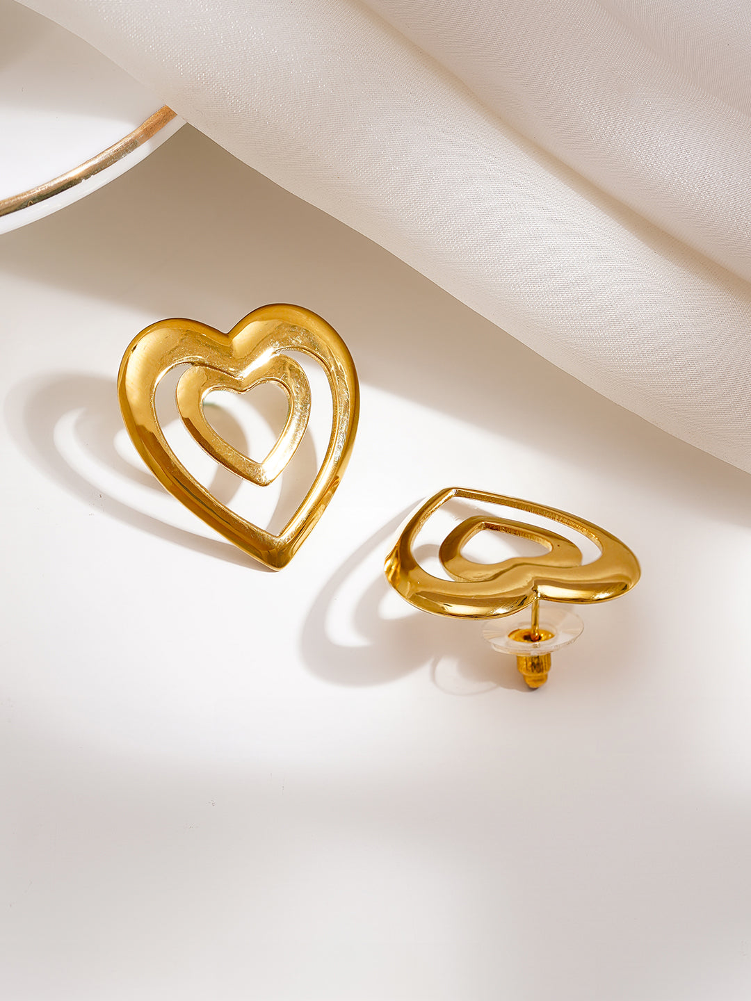 Demi Fine 18K Gold Plated Stainless steel Double Heart Statement Stud Earrings Length - 2.7 cm
