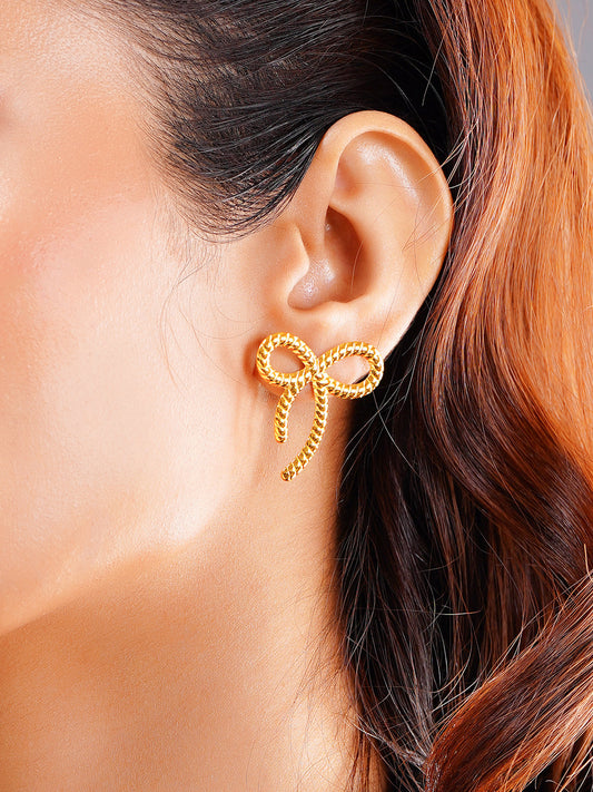 Demi Fine 18K Gold Plated Stainless steel Sweet Ribbon Statement Earrings Length - 3.1 cm