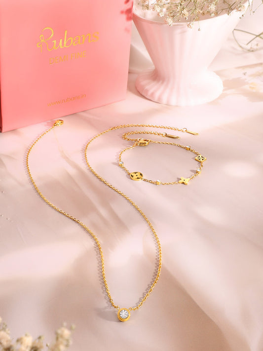 Demi Fine 18K Gold Plated Stainless Steel Crystal Necklace & Bracelet Set フリーサイズ