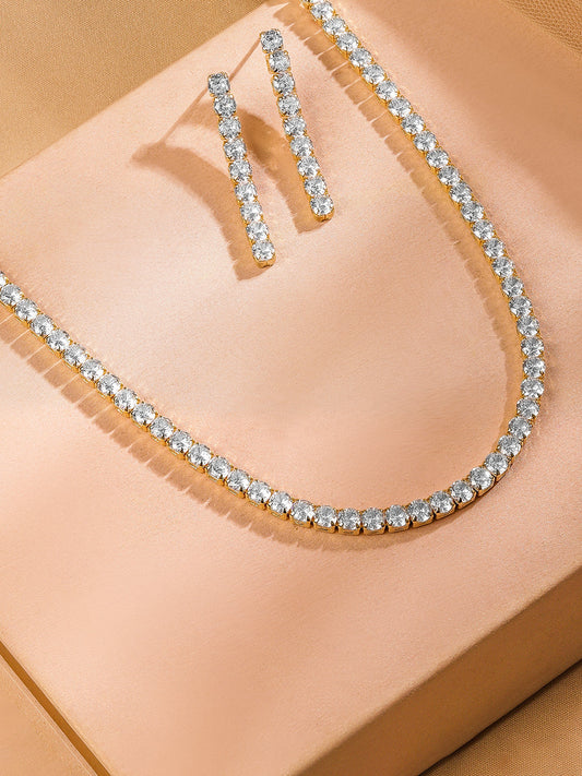 American Diamond Zirconia Tennis Necklace Set Gold