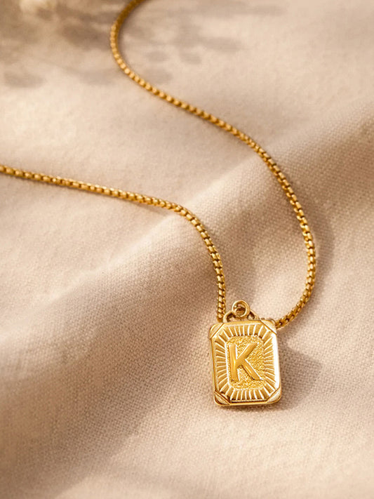 Demi Fine 18K Gold Plated Stainless steel Engraved Square K Pendant Necklace Length - 27.5 cm