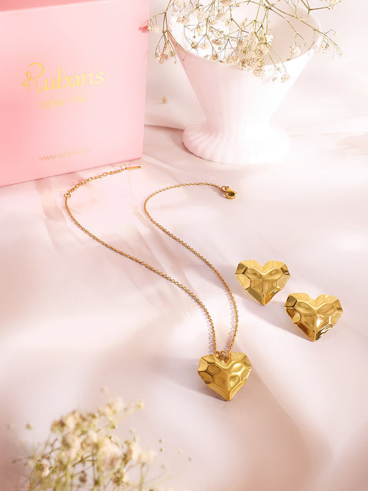 Demi Fine 18k Gold Plated Stainless Steel Textured Heart Pendant Set Necklace Length - 44.5 cm