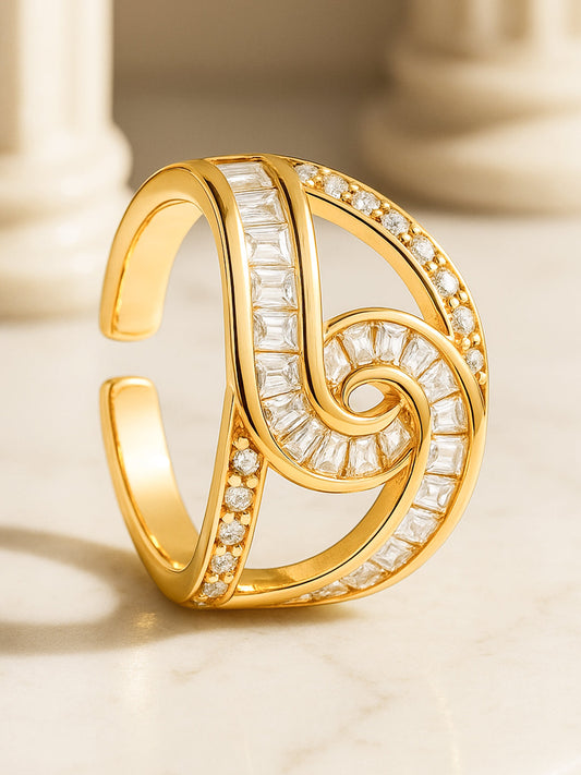 【Rubans】 18K Gold-Plated Linked Curve Design Cubic Zirconia Adjustable Finger Ring|18K ゴールドメッキ リンクカーブ キュービックジルコニア アジャスタブルリング
